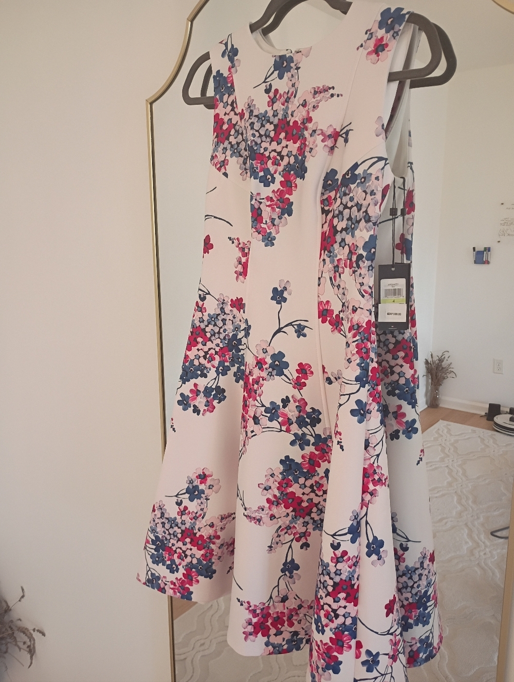 Floral A-Line Dress in White with Blue & Pink Blooms